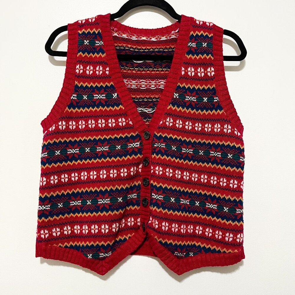 Womens Knit Fair Isle Sweater Vest Button Up S Red Nordic Cabin Rustic Heritage